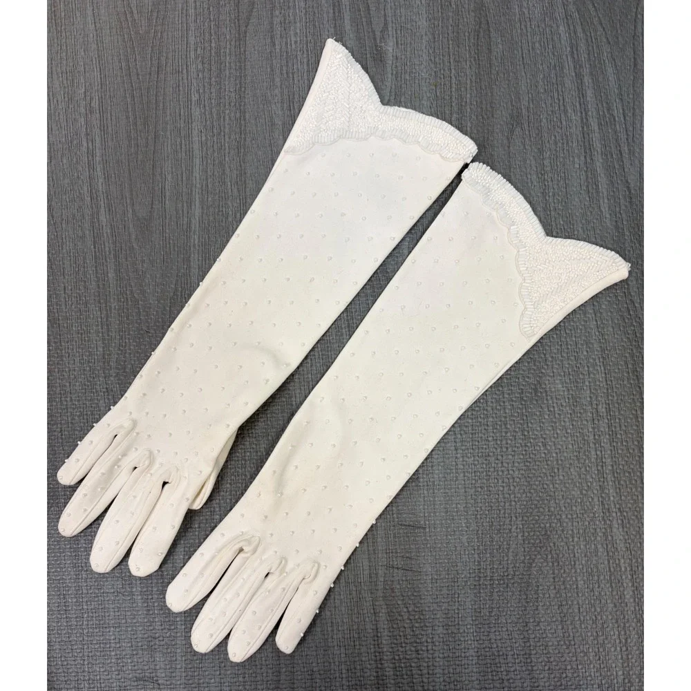 Invicta Opera Gloves 6.5 White Vintage Beaded Cotton Mid Century Formal Wedding